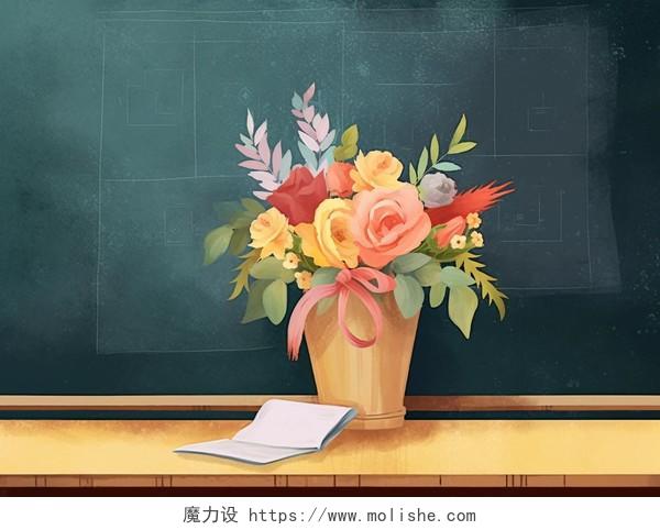 卡通手绘教师节插画在教室里学生送的花在讲台上插画海报鲜花感谢师恩教育温馨治愈场景